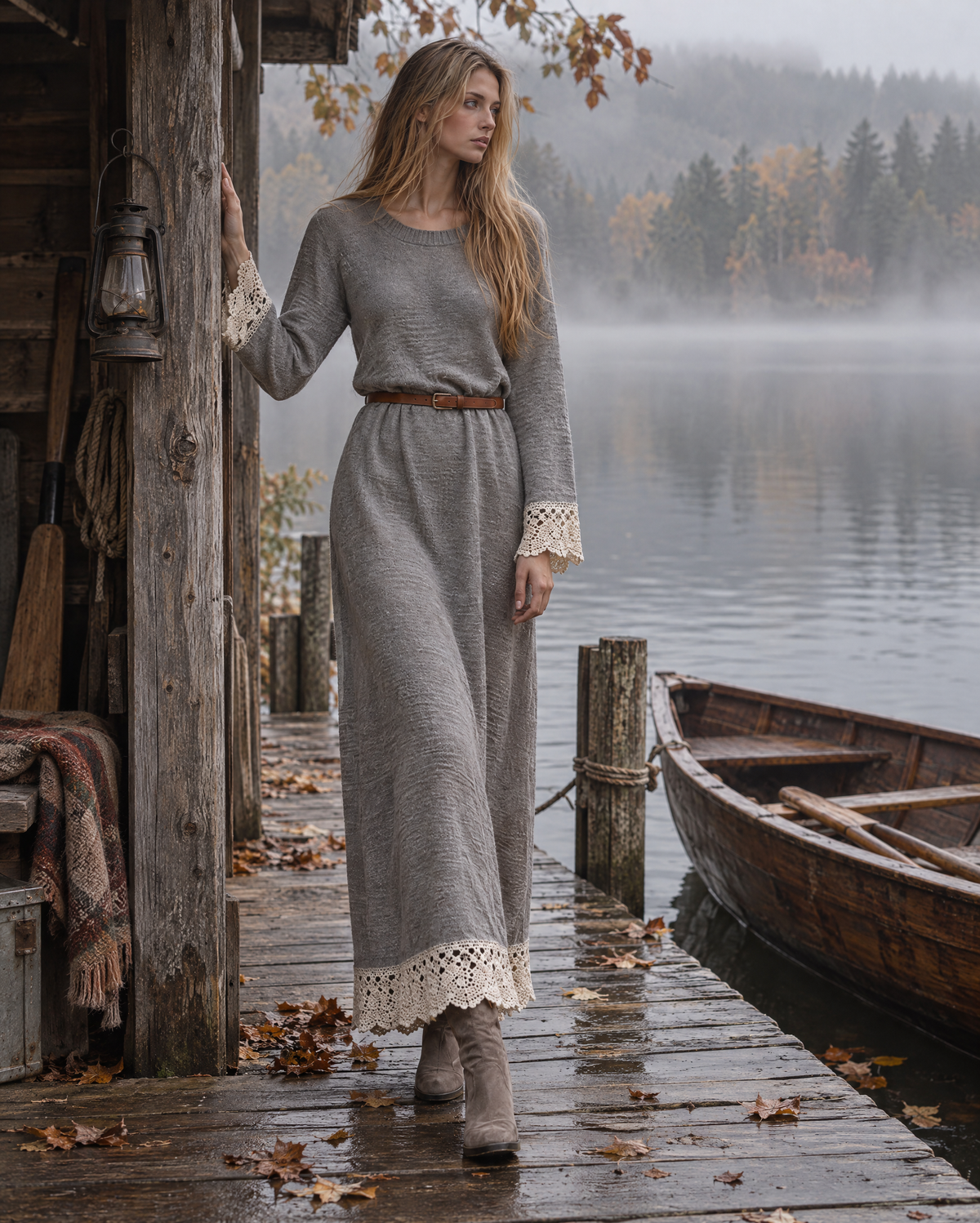 Bohemian Grey Brushed Knit Round Neck Long-sleeve Crochet Lace Trim Maxi Sweater Dress MVA004140AA