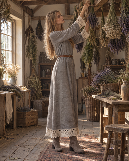 Bohemian Grey Brushed Knit Round Neck Long-sleeve Crochet Lace Trim Maxi Sweater Dress MVA004140AA