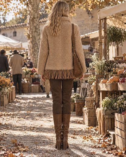 Bohemian Camel Teddy Sherpa Lapel Long-sleeve Button-front Fringe Hem Jacket MVA004150AA