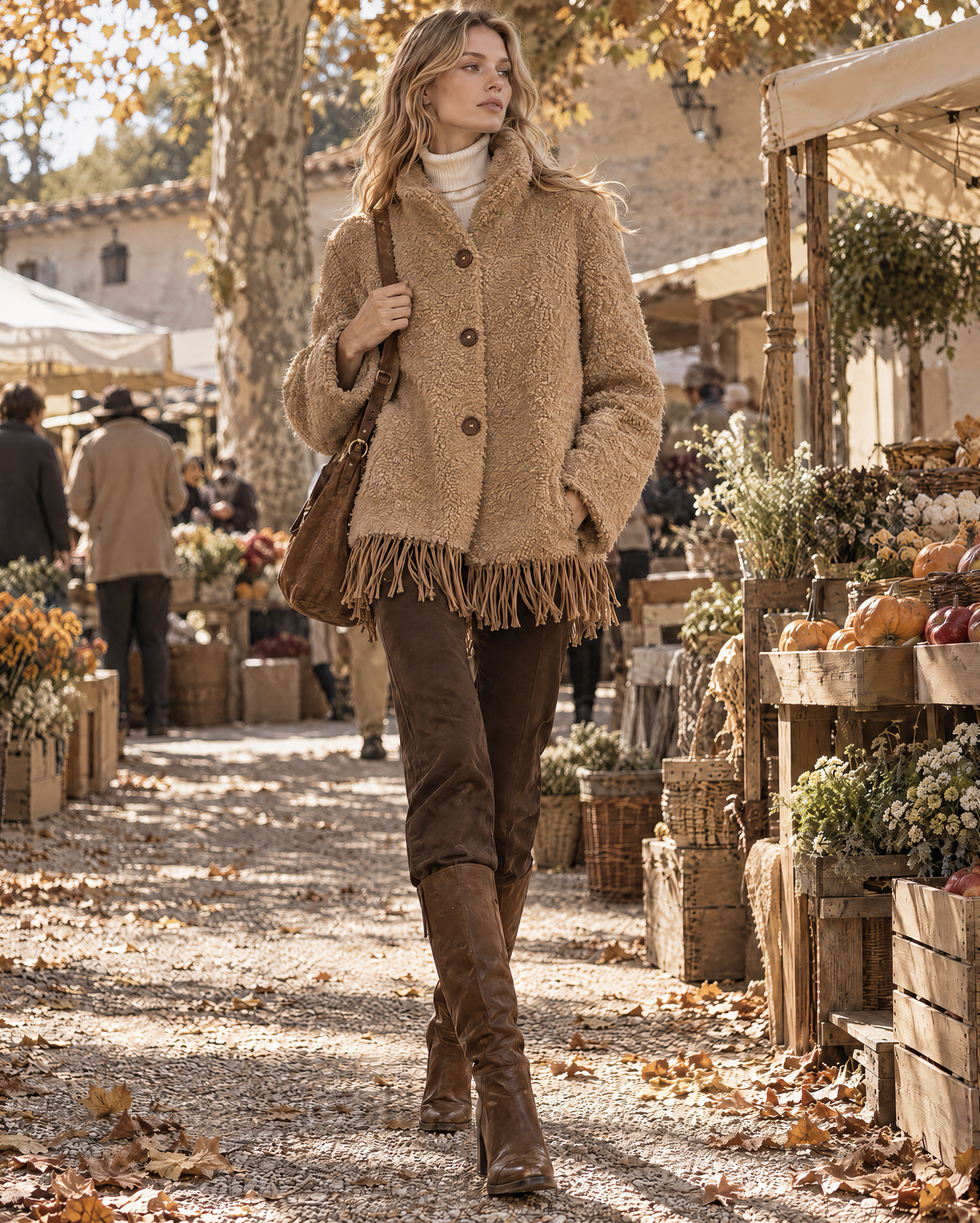 Bohemian Camel Teddy Sherpa Lapel Long-sleeve Button-front Fringe Hem Jacket MVA004150AA