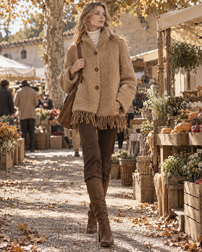 Bohemian Camel Teddy Sherpa Lapel Long-sleeve Button-front Fringe Hem Jacket MVA004150AA