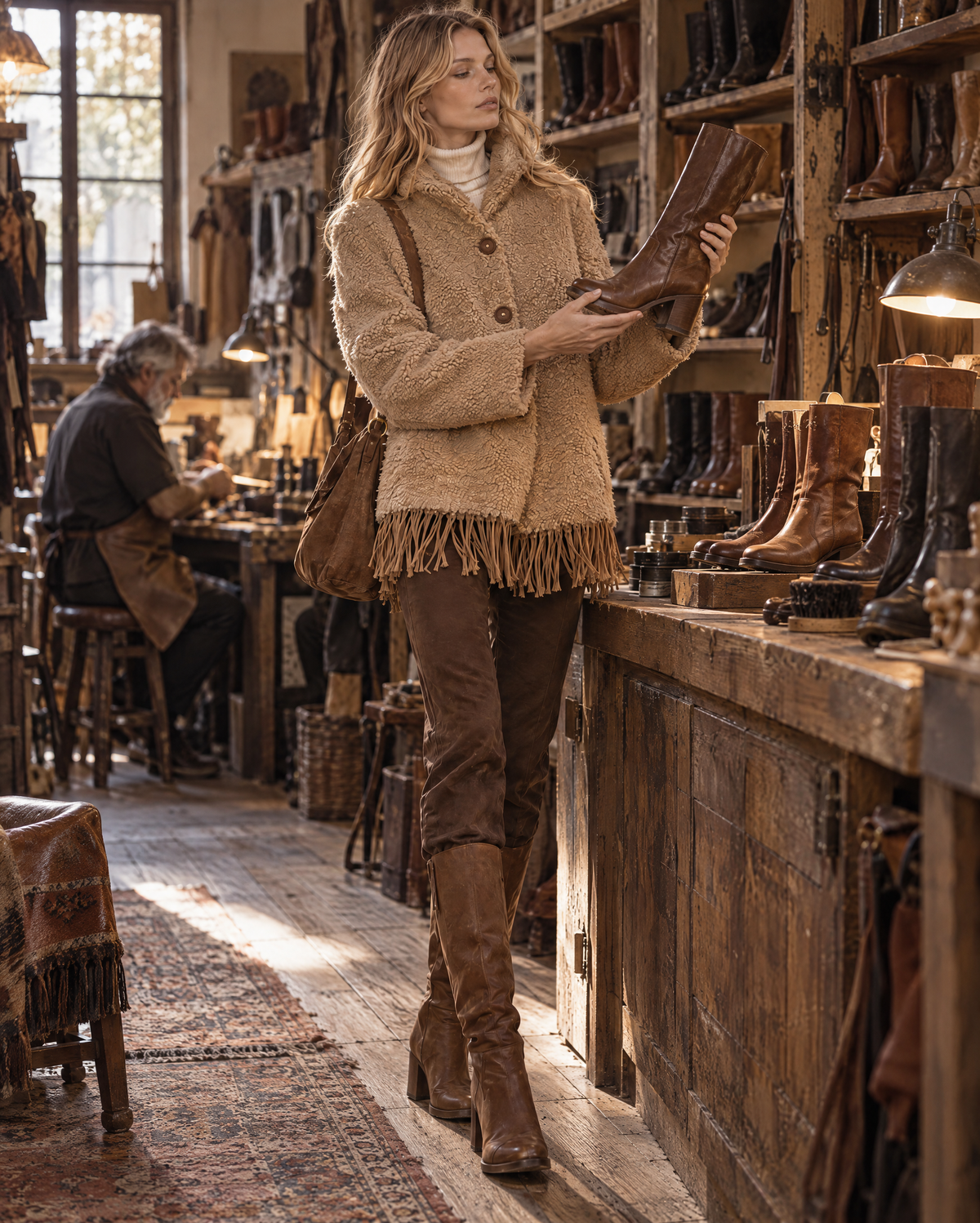 Bohemian Camel Teddy Sherpa Lapel Long-sleeve Button-front Fringe Hem Jacket MVA004150AA