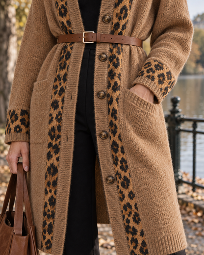 Casual Camel Knit Leopard-trim Button-front Knee-length Longline Cardigan MVA004160AA