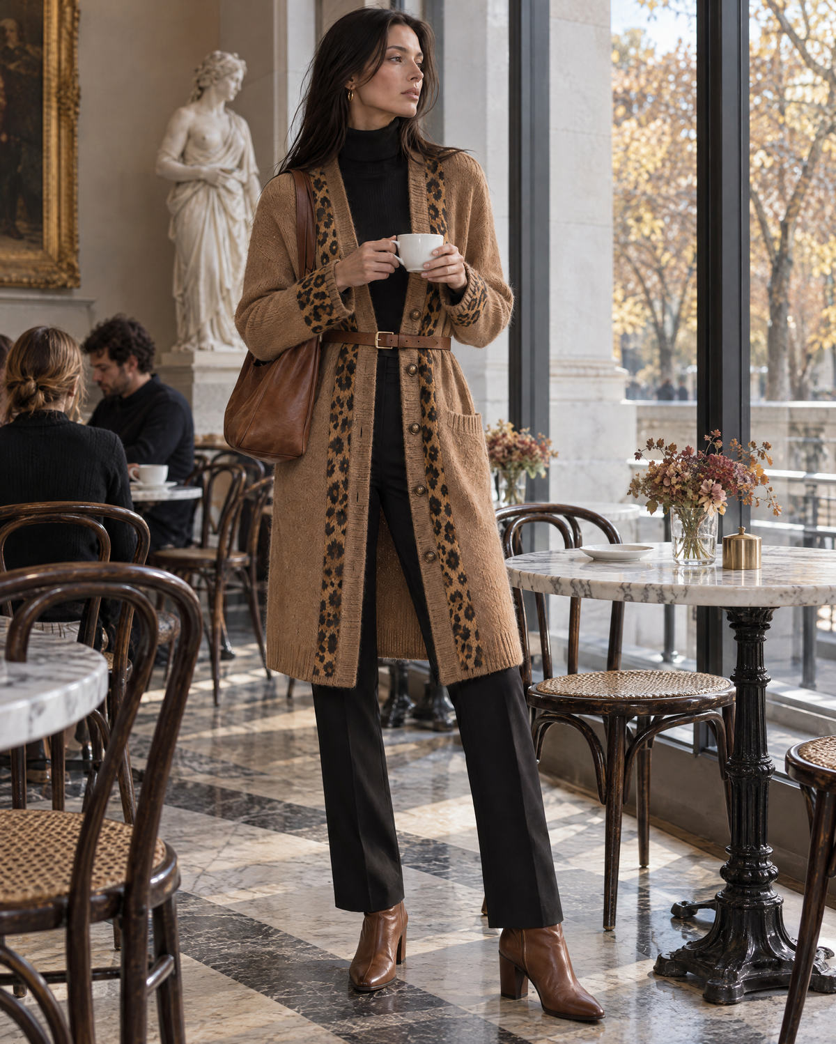 Casual Camel Knit Leopard-trim Button-front Knee-length Longline Cardigan MVA004160AA