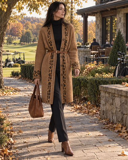 Casual Camel Knit Leopard-trim Button-front Knee-length Longline Cardigan MVA004160AA