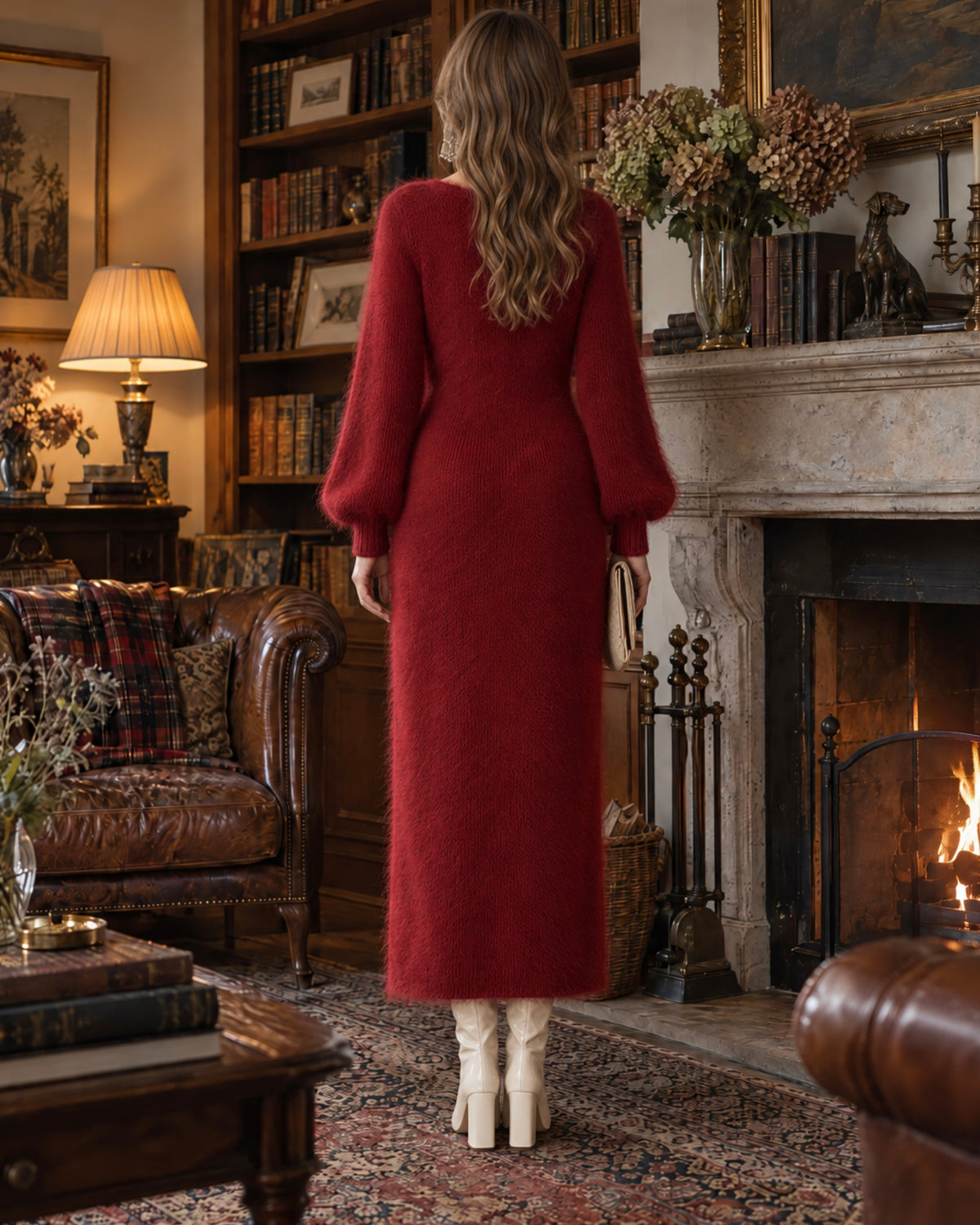 Elegant Burgundy Brushed-knit V-neck Pearl-button Side-slit Balloon-sleeve Maxi Dress MVA004170AA