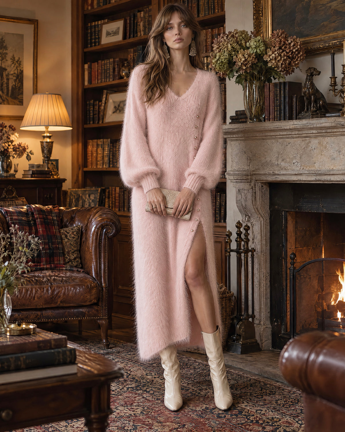 Elegant Burgundy Brushed-knit V-neck Pearl-button Side-slit Balloon-sleeve Maxi Dress MVA004170AA