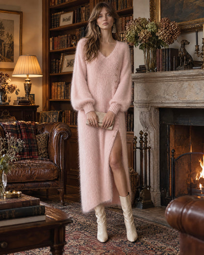 Elegant Burgundy Brushed-knit V-neck Pearl-button Side-slit Balloon-sleeve Maxi Dress MVA004170AA