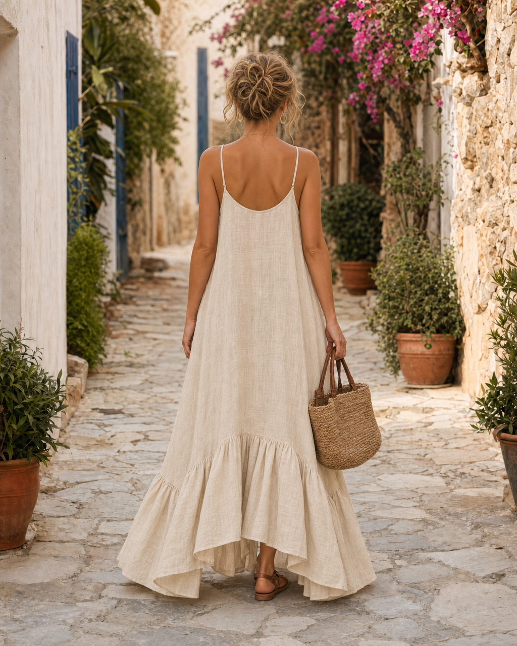 Boho Vacation Loose Linen Blend Spaghetti Strap Maxi Dress High Low Ruffle Hem Casual Slip Maxi Dress MVA000420AA