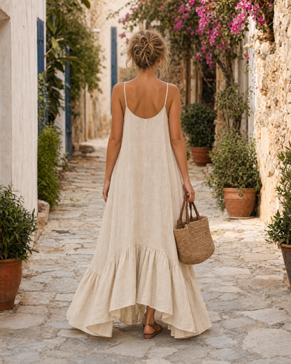 Boho Vacation Loose Linen Blend Spaghetti Strap Maxi Dress High Low Ruffle Hem Casual Slip Maxi Dress MVA000420AA