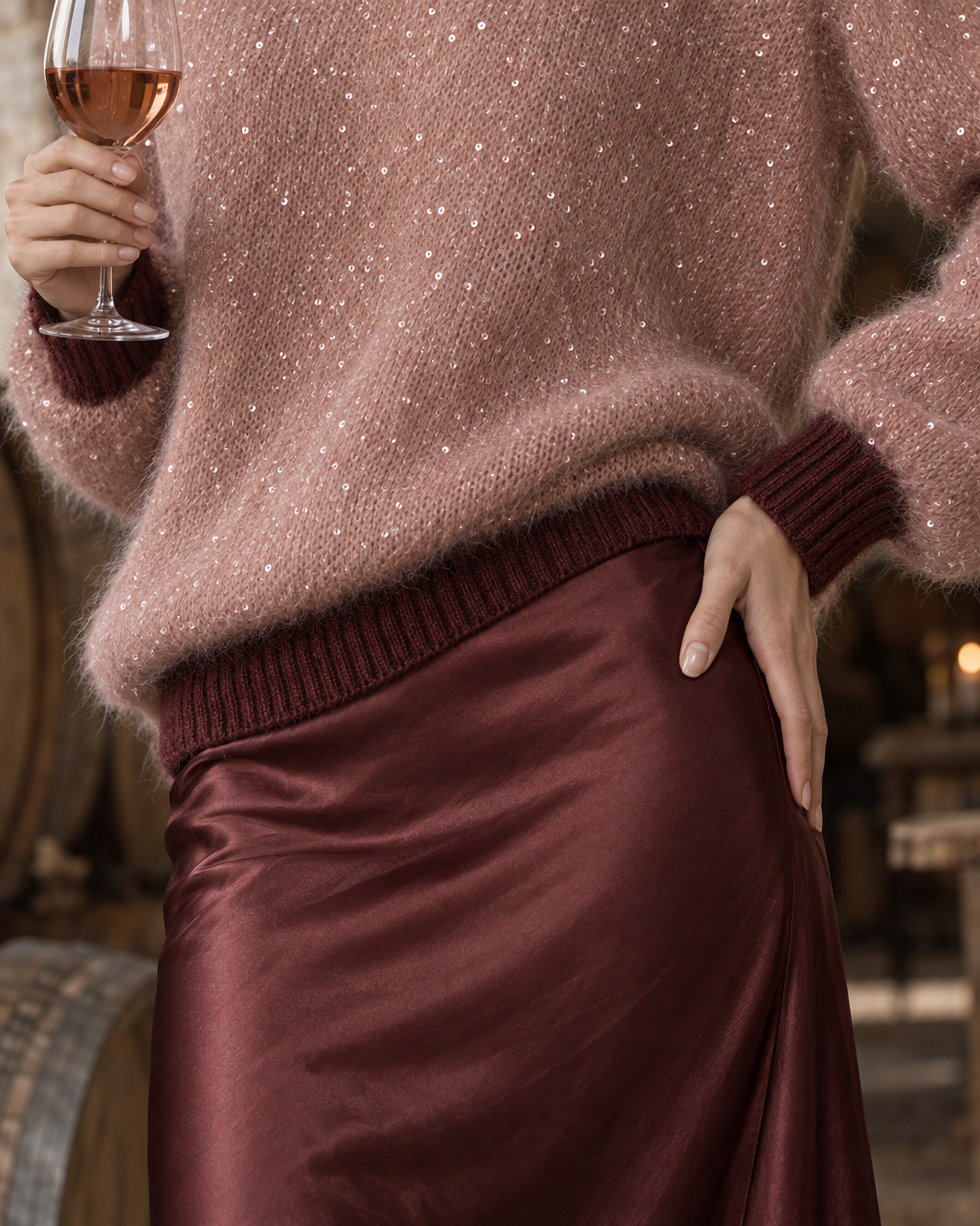 Elegant Dusty Rose Brushed-knit Shimmer-fleck Pearl-button Contrast-trim Crew-neck Sweater MVA004210AA