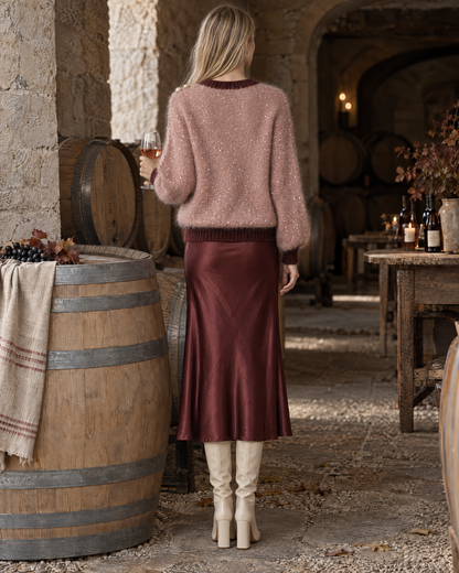 Elegant Dusty Rose Brushed-knit Shimmer-fleck Pearl-button Contrast-trim Crew-neck Sweater MVA004210AA