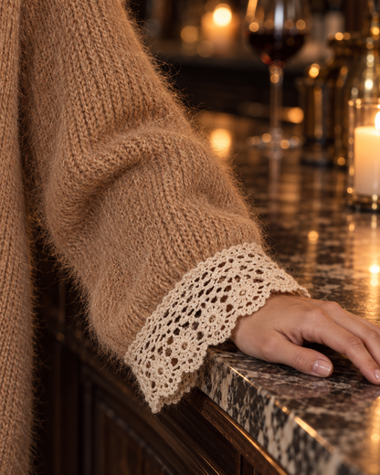 Bohemian Camel Brushed-knit Crochet-lace-trim V-neck Long-sleeve Midi Dress MVA004220AA