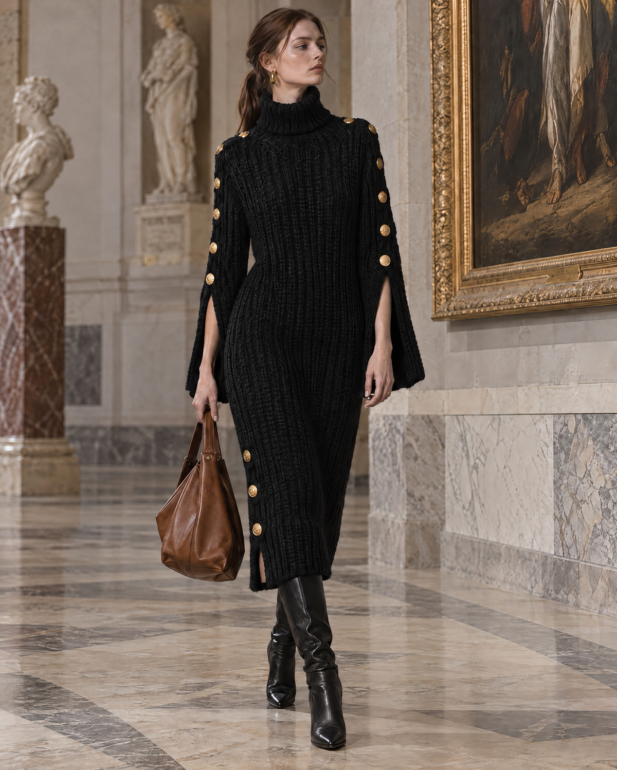 Elegant Black Chunky Rib-knit Turtleneck Gold-button Split-sleeve Midi Dress MVA004240AA