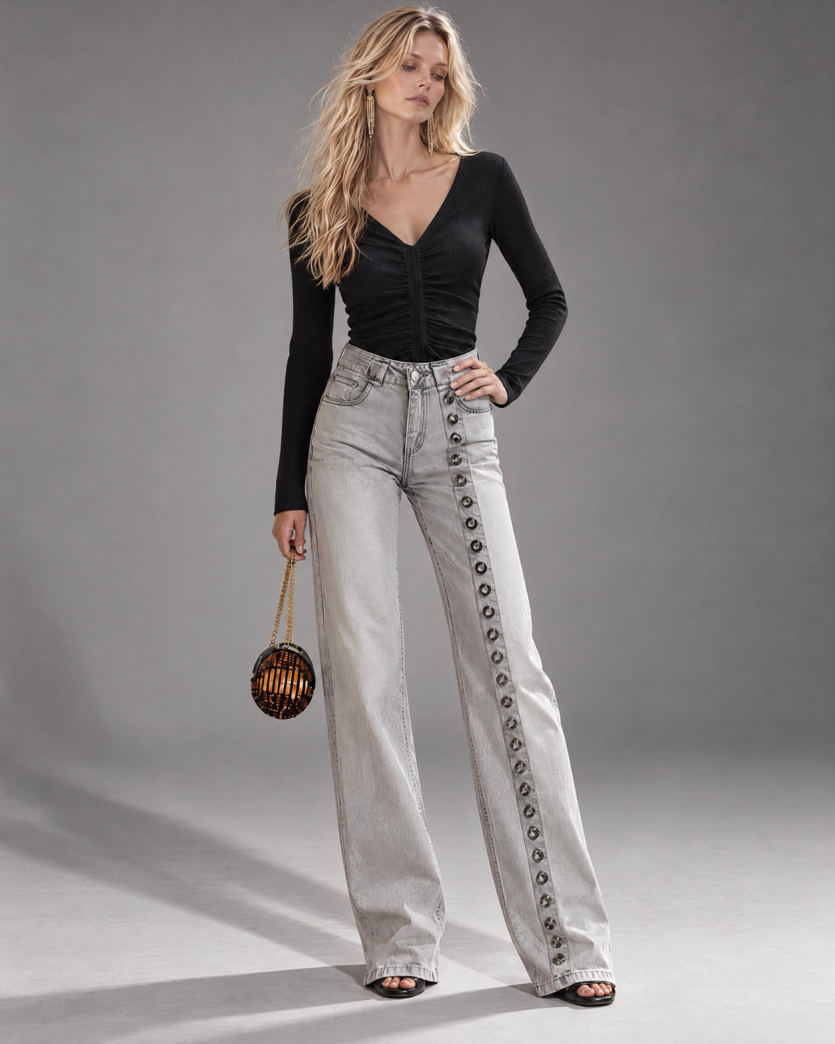 Casual Black Rib-knit Ruched-front V-neck Slim Long-sleeve Top MVA004270AA