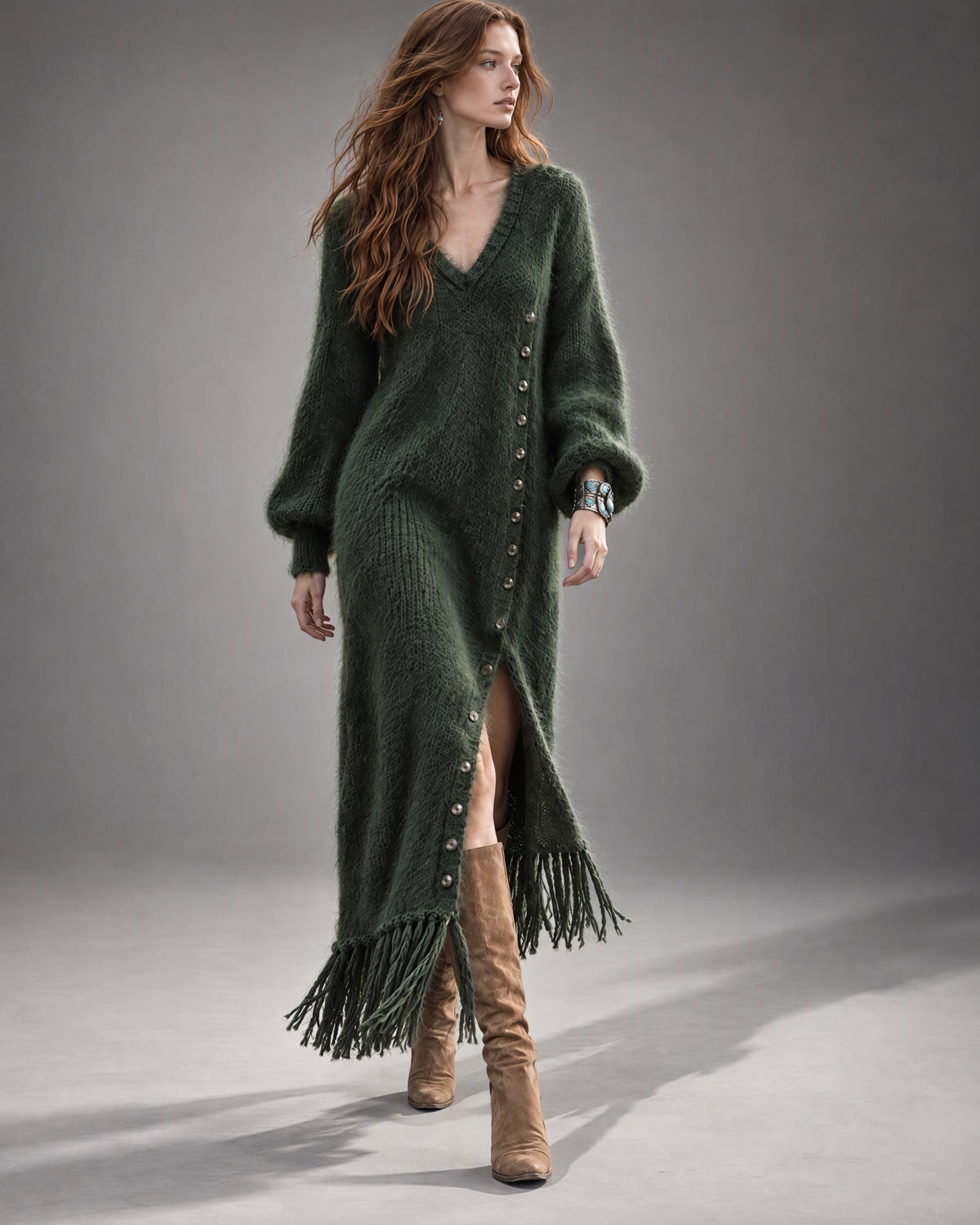 Bohemian Forest Green Brushed-knit Fringe-hem Button-front V-neck Balloon-sleeve Maxi Dress MVA004280AA