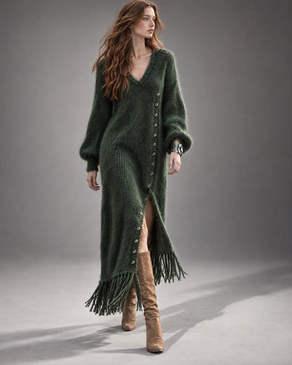 Bohemian Forest Green Brushed-knit Fringe-hem Button-front V-neck Balloon-sleeve Maxi Dress MVA004280AA