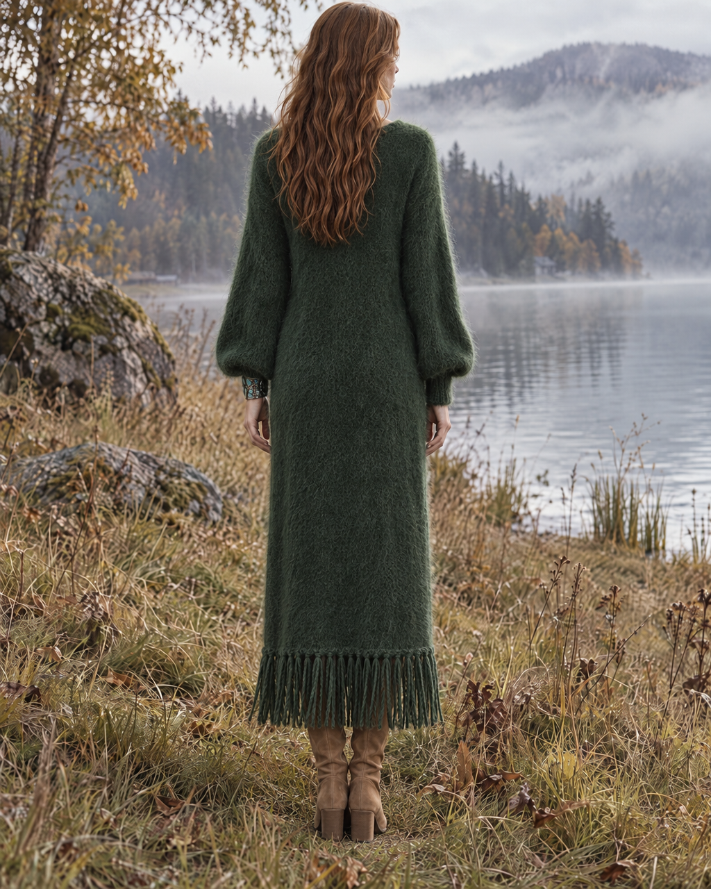 Bohemian Forest Green Brushed-knit Fringe-hem Button-front V-neck Balloon-sleeve Maxi Dress MVA004280AA