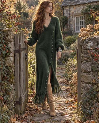 Bohemian Forest Green Brushed-knit Fringe-hem Button-front V-neck Balloon-sleeve Maxi Dress MVA004280AA
