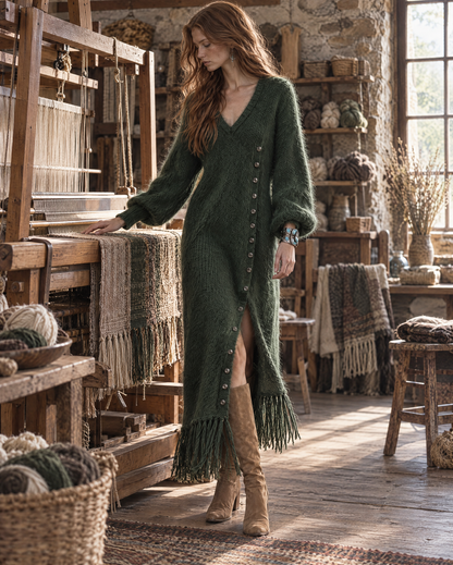 Bohemian Forest Green Brushed-knit Fringe-hem Button-front V-neck Balloon-sleeve Maxi Dress MVA004280AA