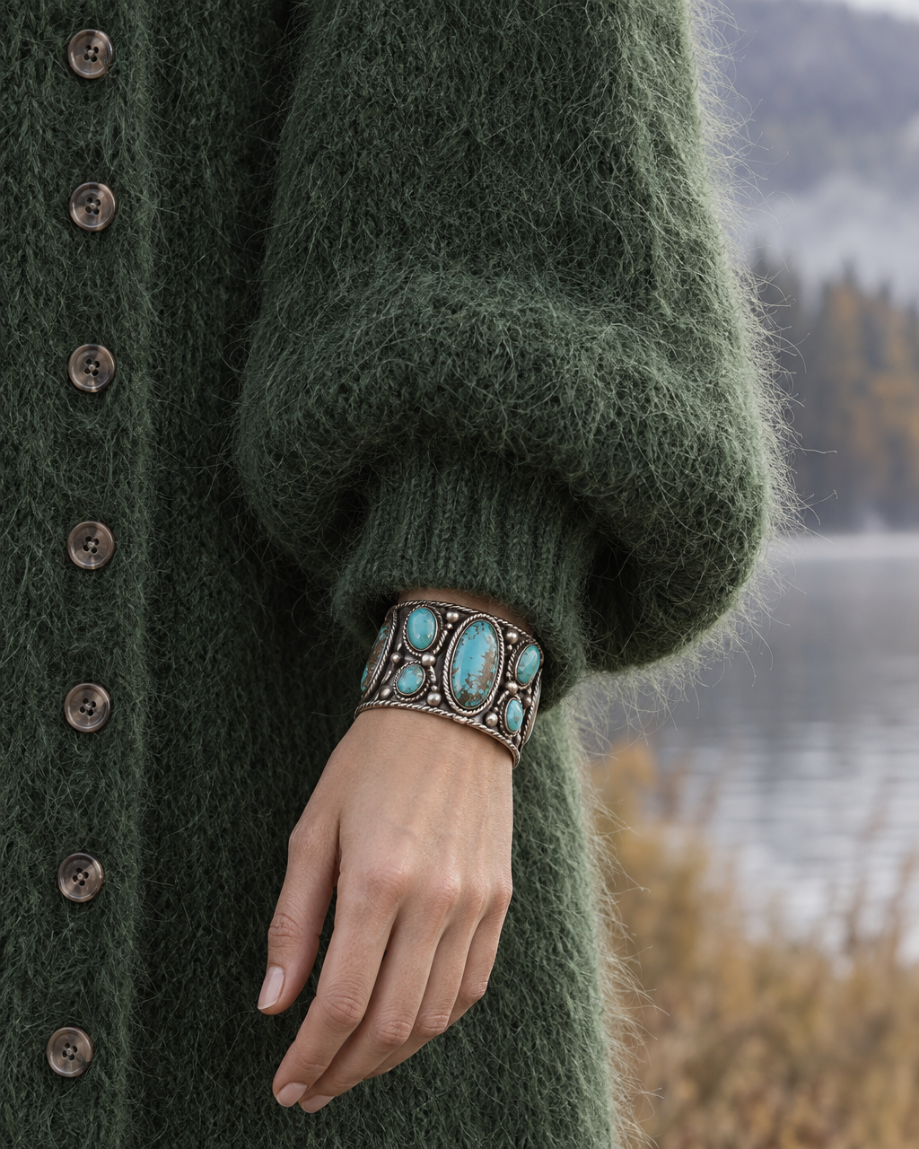 Bohemian Forest Green Brushed-knit Fringe-hem Button-front V-neck Balloon-sleeve Maxi Dress MVA004280AA