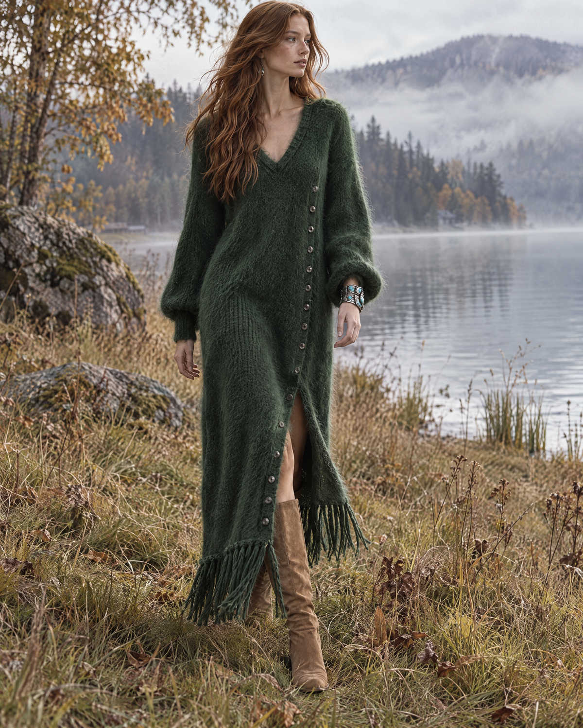 Bohemian Forest Green Brushed-knit Fringe-hem Button-front V-neck Balloon-sleeve Maxi Dress MVA004280AA