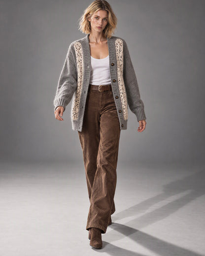 Bohemian Heather Grey Brushed-knit Crochet-lace-panel V-neck Oversized Long-sleeve Cardigan MVA004290AA