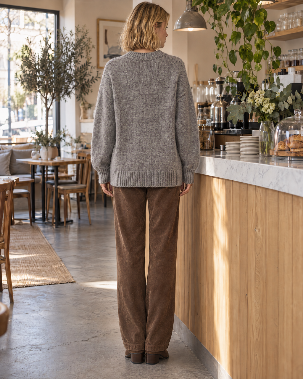 Bohemian Heather Grey Brushed-knit Crochet-lace-panel V-neck Oversized Long-sleeve Cardigan MVA004290AA