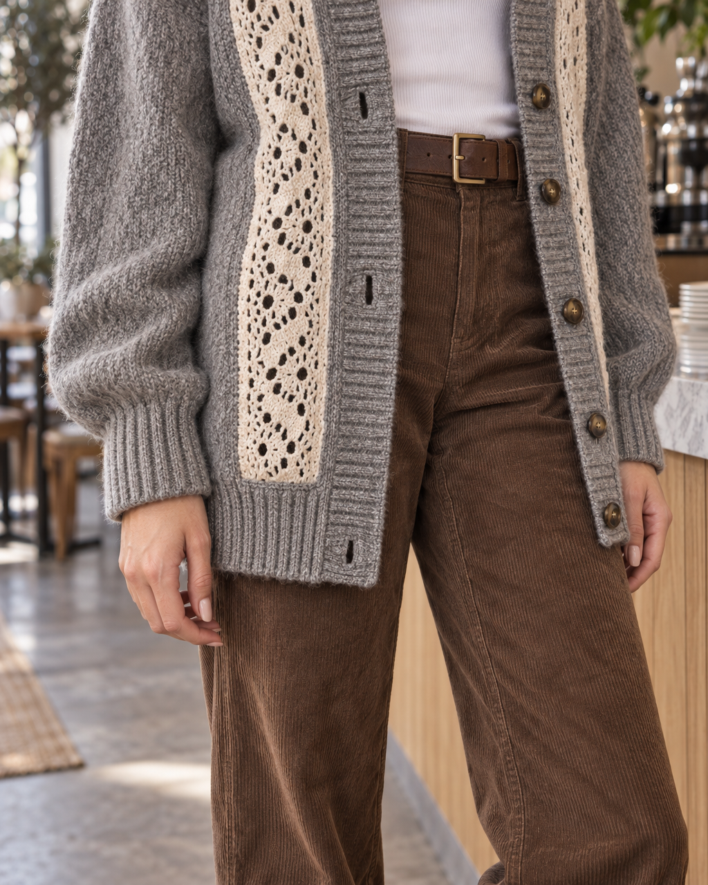 Bohemian Heather Grey Brushed-knit Crochet-lace-panel V-neck Oversized Long-sleeve Cardigan MVA004290AA