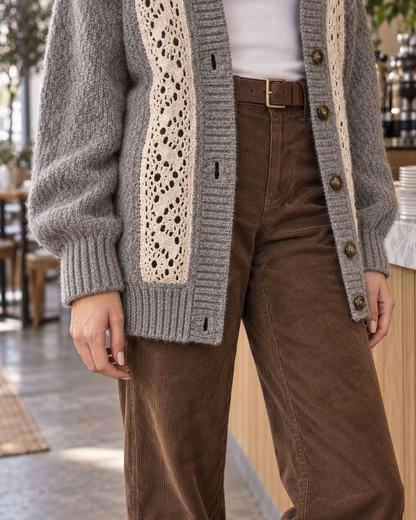 Bohemian Heather Grey Brushed-knit Crochet-lace-panel V-neck Oversized Long-sleeve Cardigan MVA004290AA