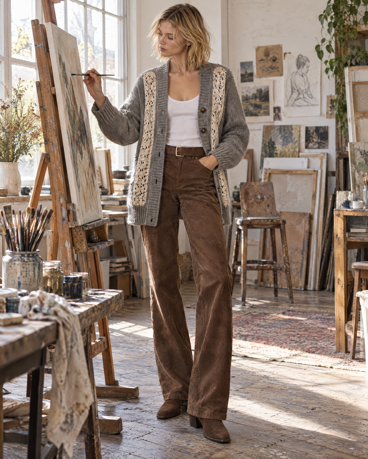 Bohemian Heather Grey Brushed-knit Crochet-lace-panel V-neck Oversized Long-sleeve Cardigan MVA004290AA