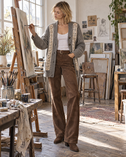 Bohemian Heather Grey Brushed-knit Crochet-lace-panel V-neck Oversized Long-sleeve Cardigan MVA004290AA
