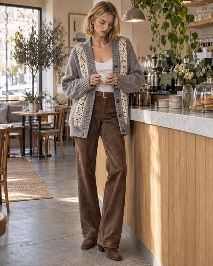 Bohemian Heather Grey Brushed-knit Crochet-lace-panel V-neck Oversized Long-sleeve Cardigan MVA004290AA