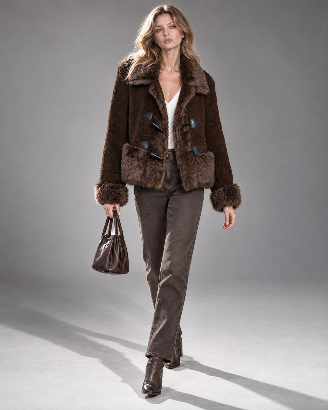 Casual Chocolate Brown Sherpa Faux-fur-trim Toggle-front Long-sleeve Hip-length Jacket MVA004300AA