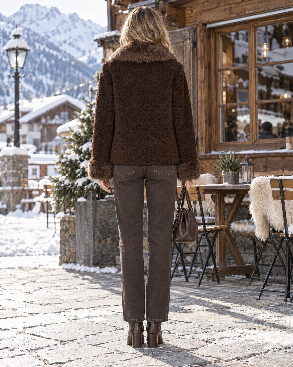 Casual Chocolate Brown Sherpa Faux-fur-trim Toggle-front Long-sleeve Hip-length Jacket MVA004300AA