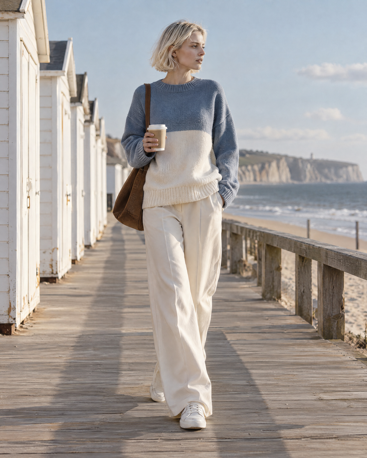 Casual Dusty Blue And Cream Color-block Brushed-knit Crew-neck Drop-shoulder Long-sleeve Sweater MVA004310AA