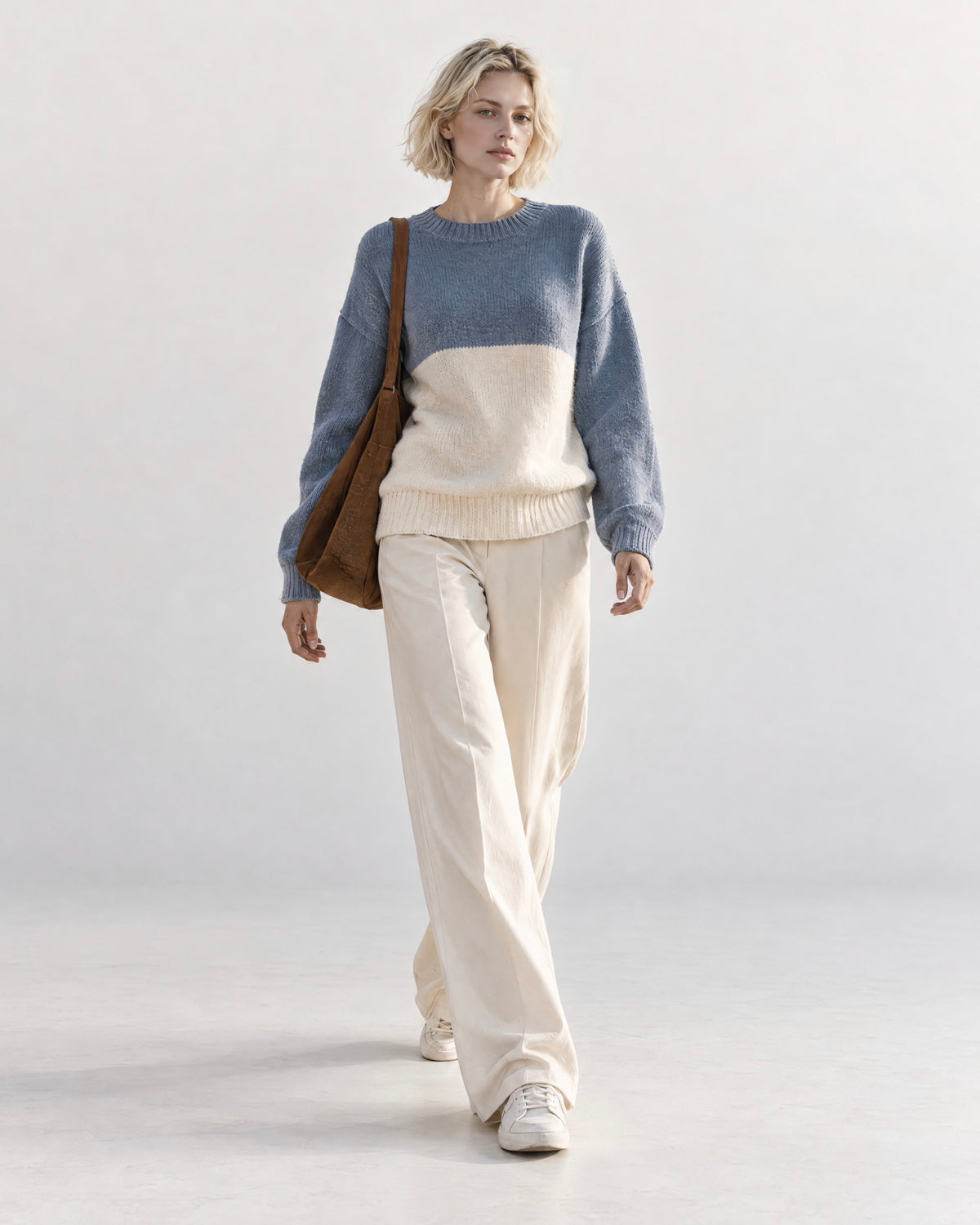 Casual Dusty Blue And Cream Color-block Brushed-knit Crew-neck Drop-shoulder Long-sleeve Sweater MVA004310AA