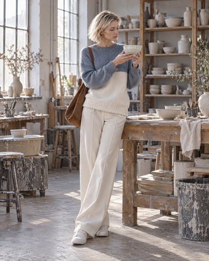 Casual Dusty Blue And Cream Color-block Brushed-knit Crew-neck Drop-shoulder Long-sleeve Sweater MVA004310AA