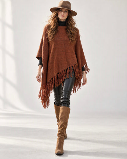 Bohemian Rust Knit Knotted-fringe Asymmetric-hem Round-neck Poncho MVA004320AA