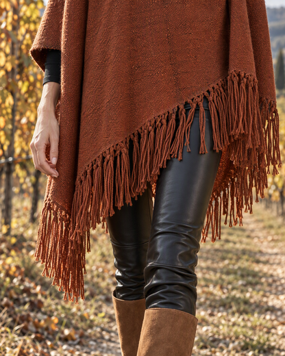 Bohemian Rust Knit Knotted-fringe Asymmetric-hem Round-neck Poncho MVA004320AA