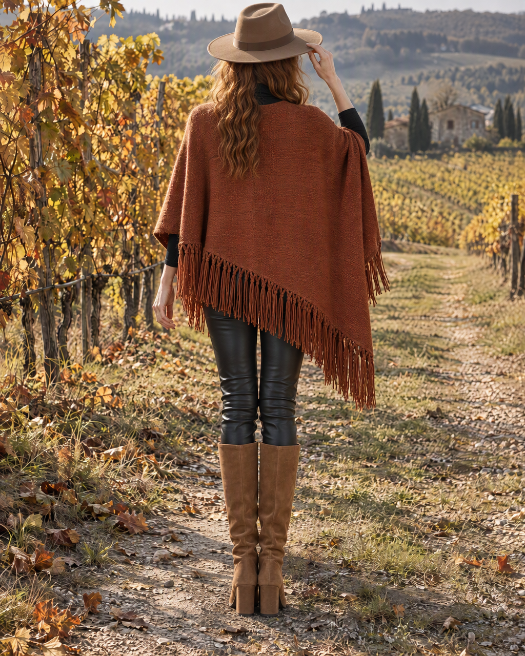 Bohemian Rust Knit Knotted-fringe Asymmetric-hem Round-neck Poncho MVA004320AA