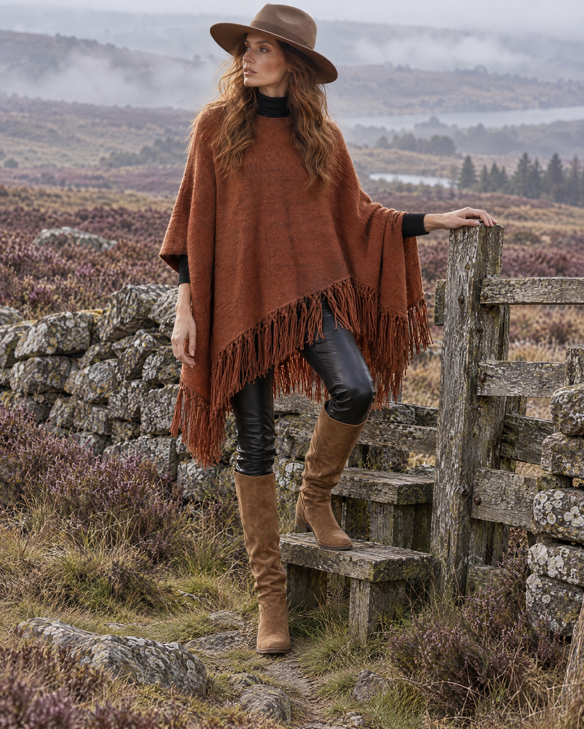 Bohemian Rust Knit Knotted-fringe Asymmetric-hem Round-neck Poncho MVA004320AA