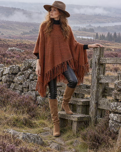 Bohemian Rust Knit Knotted-fringe Asymmetric-hem Round-neck Poncho MVA004320AA