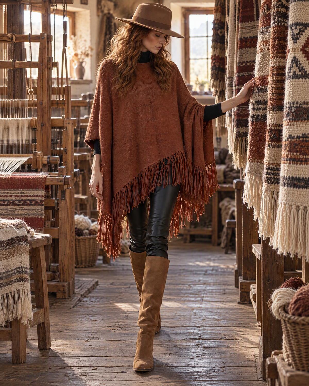 Bohemian Rust Knit Knotted-fringe Asymmetric-hem Round-neck Poncho MVA004320AA