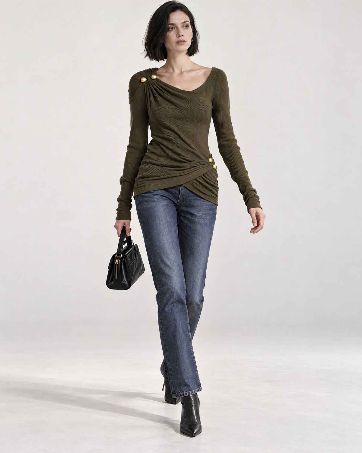 Elegant Olive Green Rib-knit Gold-button Draped Asymmetric Long-sleeve Top MVA004330AA