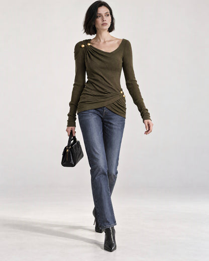 Elegant Olive Green Rib-knit Gold-button Draped Asymmetric Long-sleeve Top MVA004330AA
