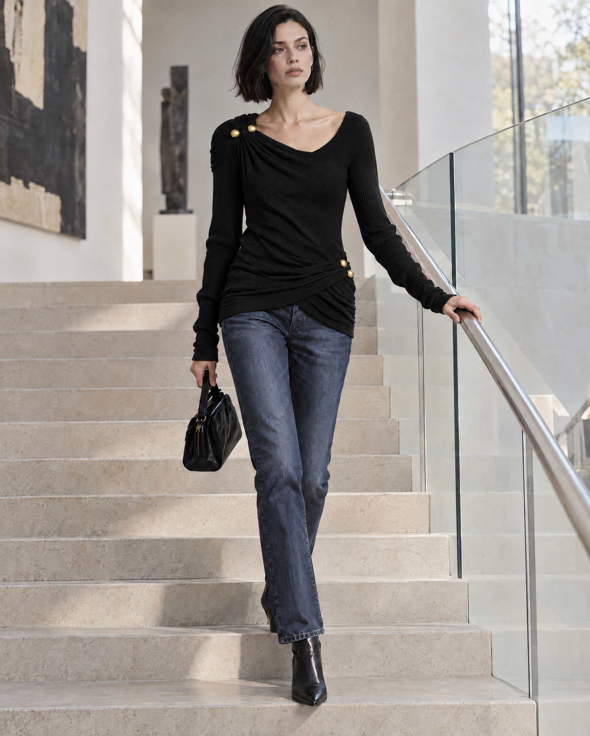Elegant Olive Green Rib-knit Gold-button Draped Asymmetric Long-sleeve Top MVA004330AA