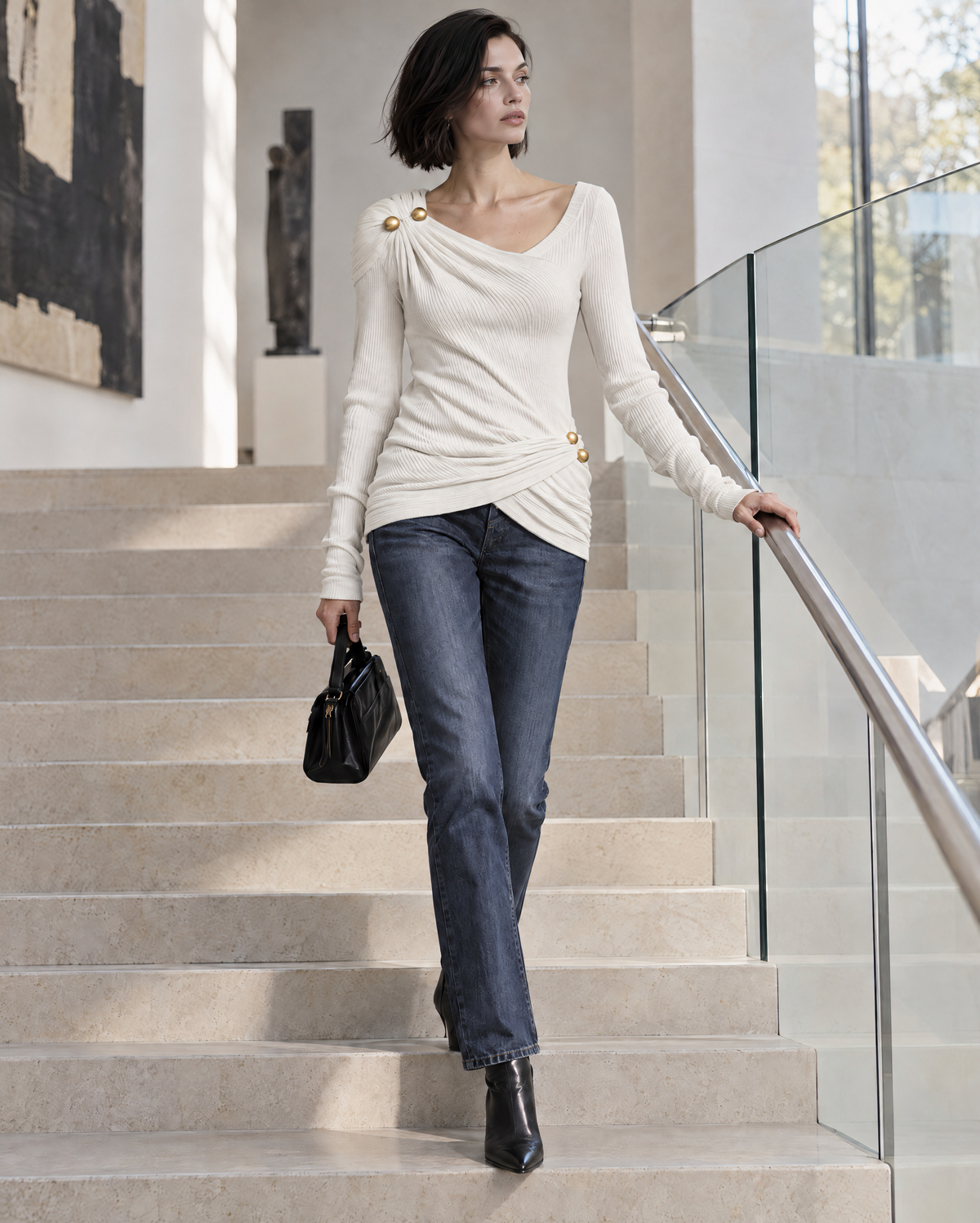 Elegant Olive Green Rib-knit Gold-button Draped Asymmetric Long-sleeve Top MVA004330AA