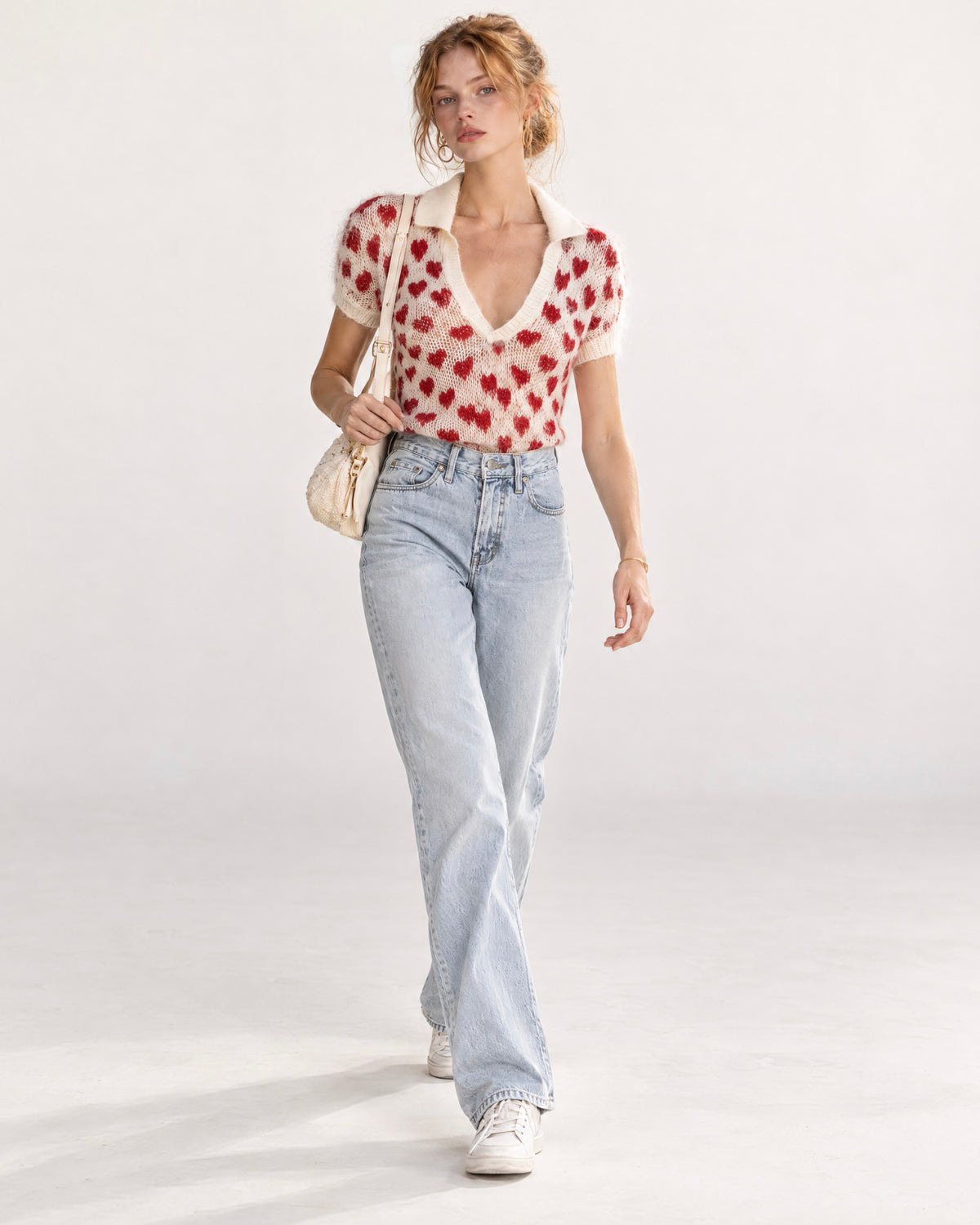 Casual Cream And Red Heart-jacquard Brushed-knit Polo-collar V-neck Short-sleeve Top MVA004340AA