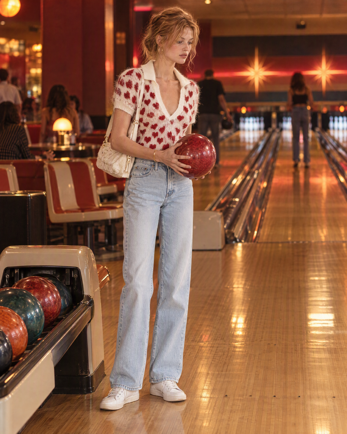 Casual Cream And Red Heart-jacquard Brushed-knit Polo-collar V-neck Short-sleeve Top MVA004340AA